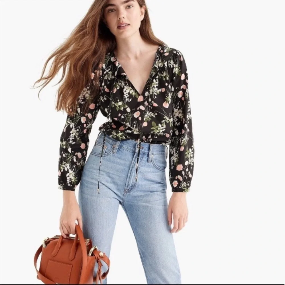 J. Crew Black Poppy Dream Liberty Floral Front Tie Peasant Blouse